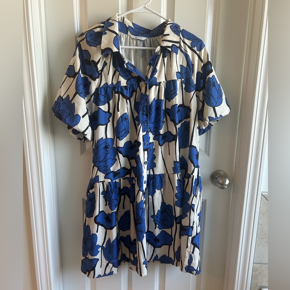 SUMMER SALE Blue Floral Button-Front Shirt Dress - Large - Picture 2 of 3